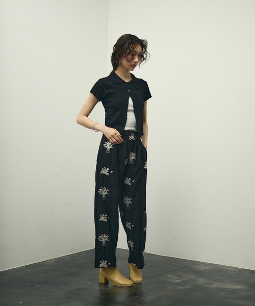 カーディガン 半袖 Basket-knit cardigan with French sleeves