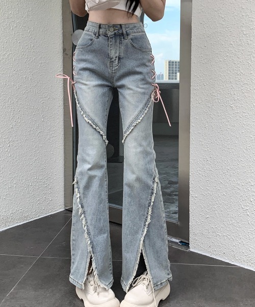 VERO PICA レースアップ フレアデニムパンツ ジーンズ デニム デニムパンツ レースアップ フレア レディース