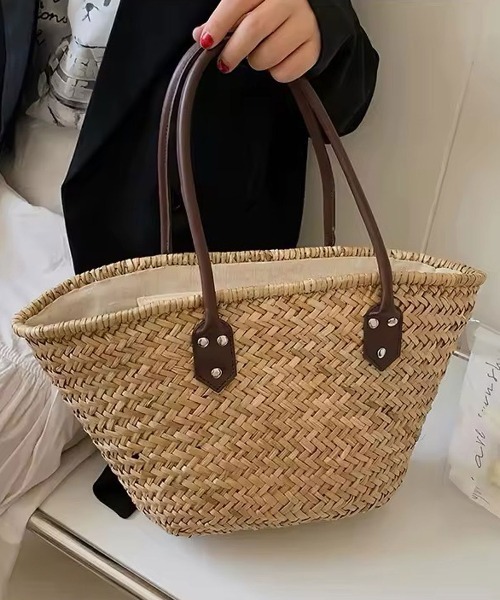 SALE *maje* レザートリムストローバッグ カゴバッグ かごバッグ カゴバッグ 「 ammy. / エイミードット 」 ストロー