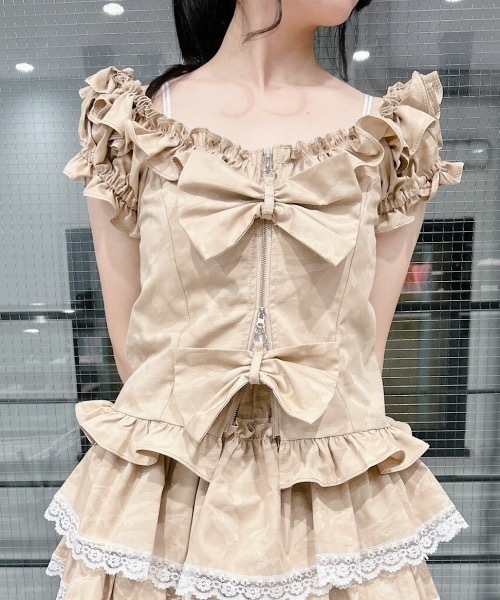 lilLilly tシャツ オフショルジップリボントップス レディース