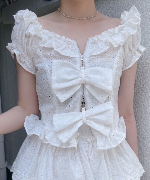 tシャツ オフショルジップリボントップス レディース