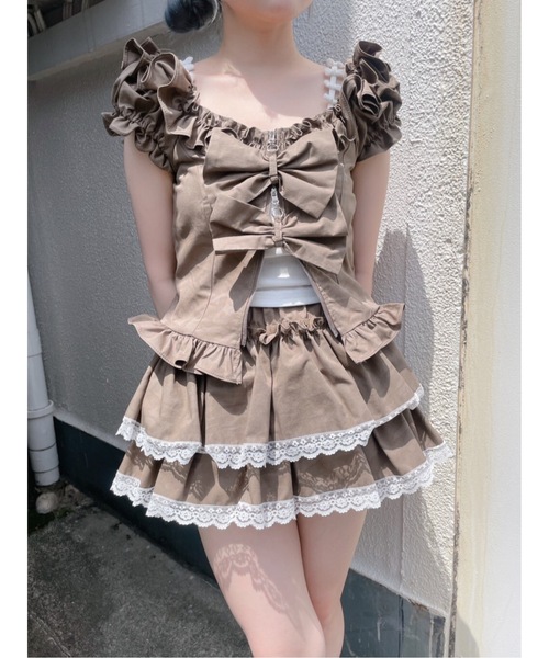 lilLilly オフショルフーディートップス LITTLE】シャーリングオフショルダートップス | lilLilly