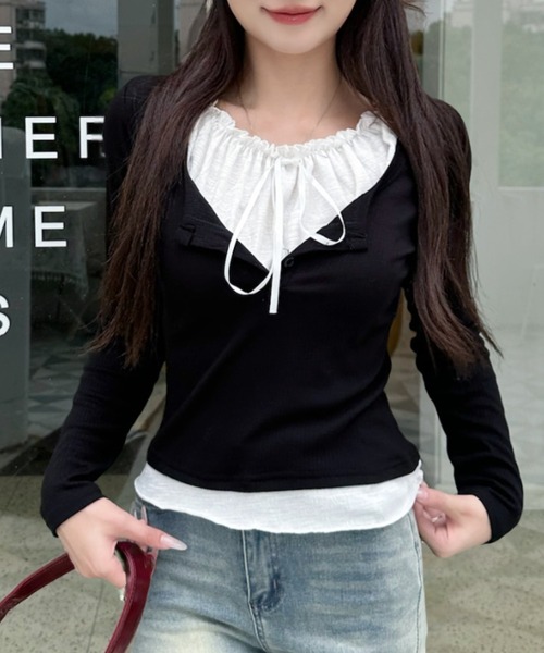 Ada. tシャツ リボン付き クルーネック レイヤードデザイン フリル Ada. tシャツ リボン付き クルーネック レイヤードデザイン フリル
