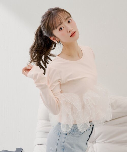 Chico（チコ） tシャツ 「SALON by Chico」チュールデザインドッキング