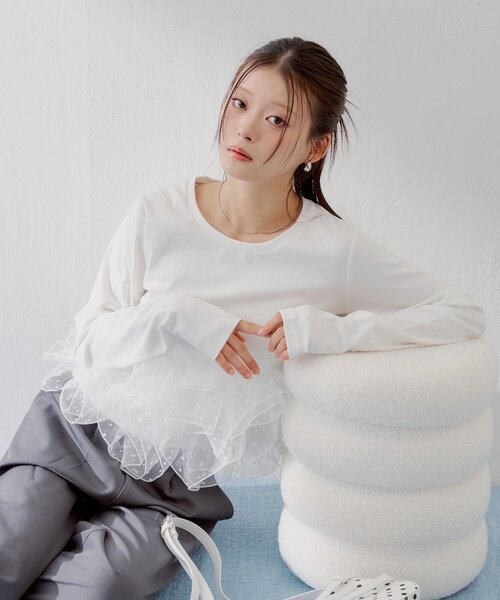 Chico（チコ） tシャツ 「SALON by Chico」チュールデザインドッキング