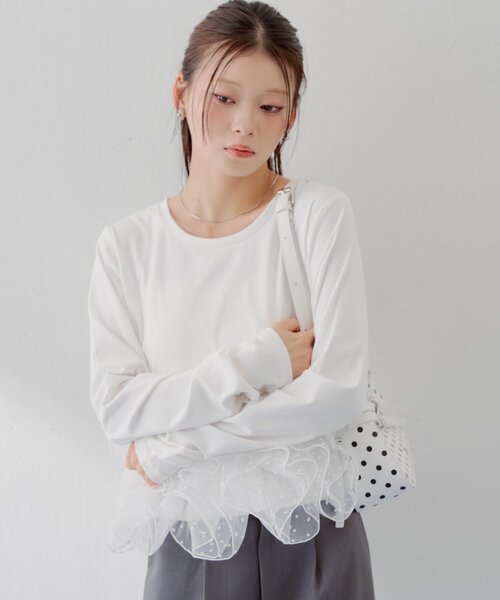 【SALON by Chico】チュールデザインドッキングペプラムロンT Chico（チコ） tシャツ 「SALON by Chico」チュールデザインドッキング