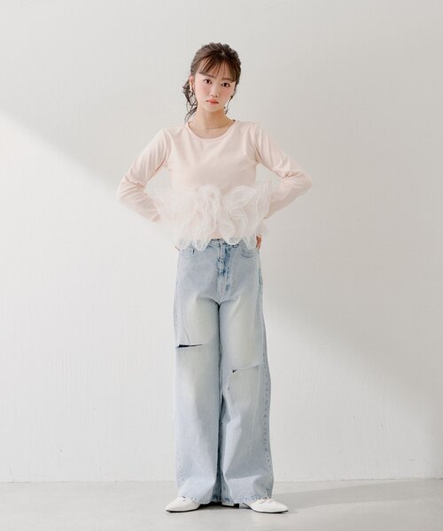 【SALON by Chico】チュールデザインドッキングペプラムロンT Chico（チコ） tシャツ 「SALON by Chico」チュールデザインドッキング