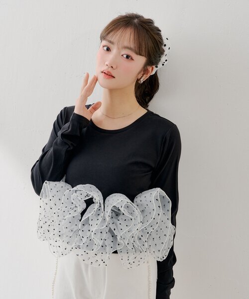 【SALON by Chico】チュールデザインドッキングペプラムロンT Chico（チコ） tシャツ 「SALON by Chico」チュールデザインドッキング