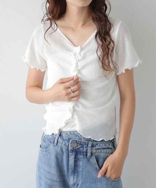 tシャツ 半袖 シアーワッフル フロントギャザートップス レディース