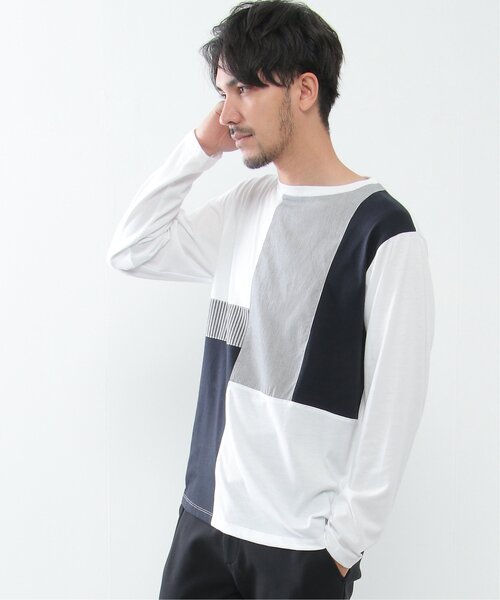 ikka tシャツ ストライプミックス切り替えロンT メンズ
