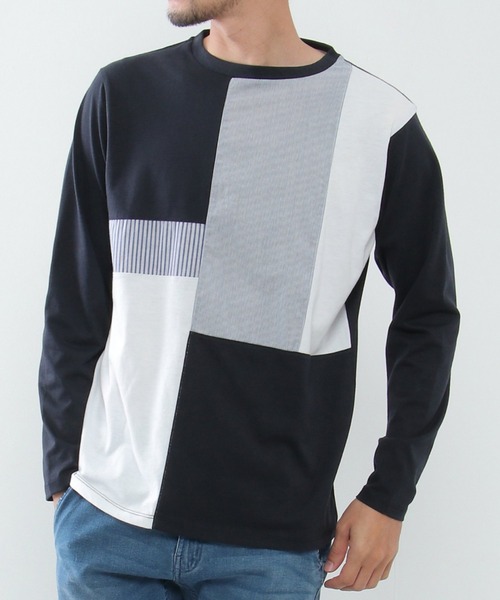 ikka（イッカ） tシャツ ストライプミックス切り替えロンT メンズ