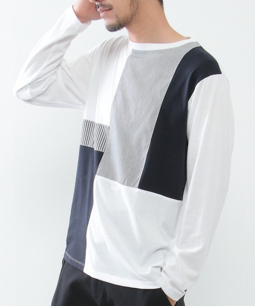 ikka（イッカ） tシャツ ストライプミックス切り替えロンT メンズ