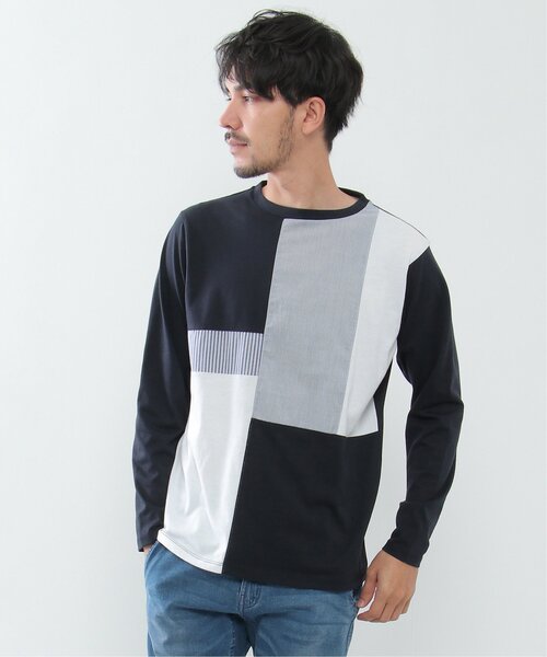 ikka tシャツ ストライプミックス切り替えロンT メンズ