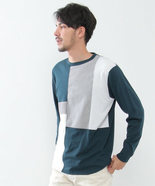 ikka tシャツ ストライプミックス切り替えロンT メンズ