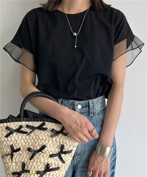 MAISON DE THERESE tシャツ フリル半袖異素材Tシャツ レディース