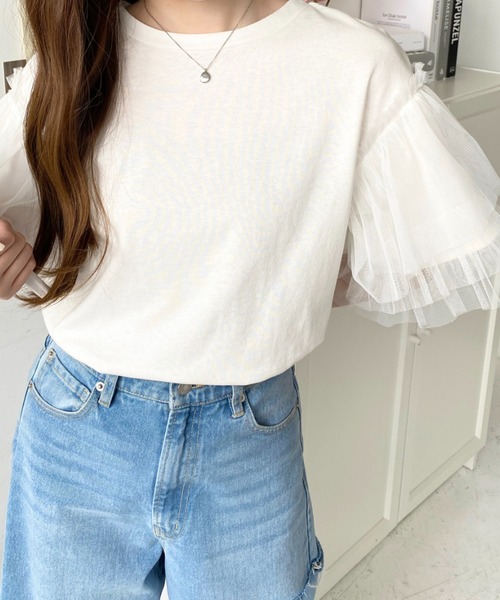 tシャツ ティアードチュールカットソー レディース moment+ tシャツ チュール袖ティアードフリル半袖カットソー