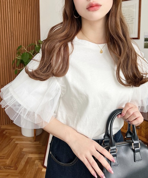tシャツ ティアードチュールカットソー レディース moment+ tシャツ チュール袖ティアードフリル半袖カットソー