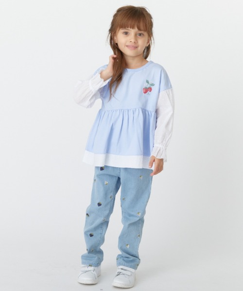 HAKKA KIDS パンツ いちご刺繍ストレッチデニムセミフレアパンツ  