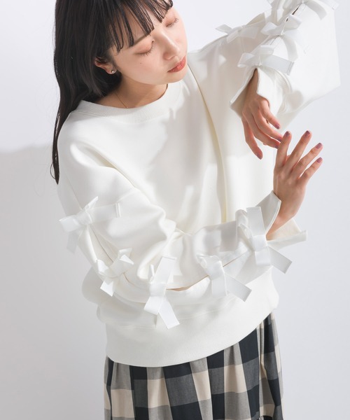 tシャツ 袖リボンダンボールニットプルオーバー レディース