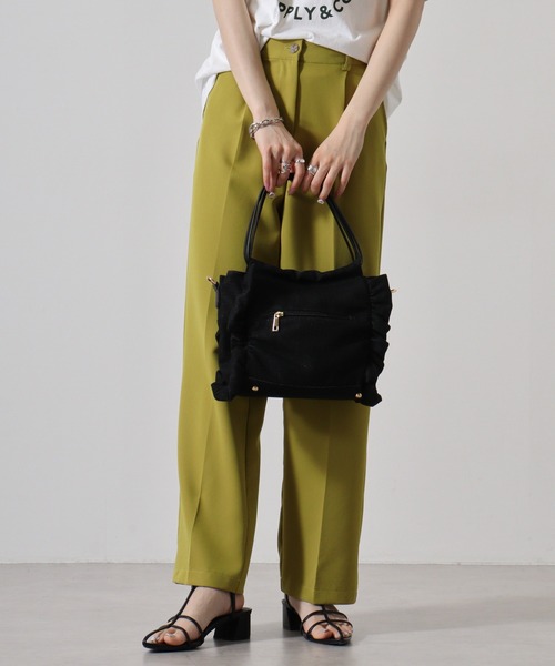 ぐれ ブラック 麻紐フリルバッグ ♪ ハンドメイド ピクニック（白フリル×黒ドット） | bag,picnic | setsuko