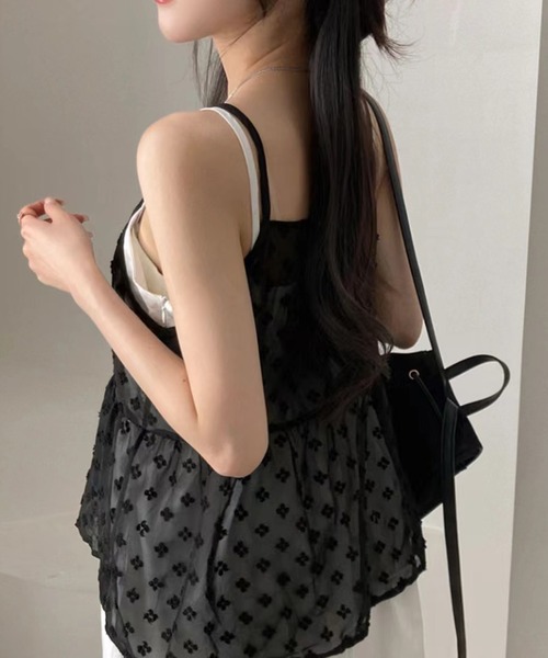 キャミソール ブラック 前開き ホック リボン レイヤード ビスチェ風 Chiina キャミソール 「Chiina」レースリボン レイヤードキャミソール