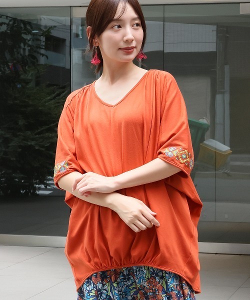 チチカカ tシャツ クロスミックス刺繍ドルマンチュニック