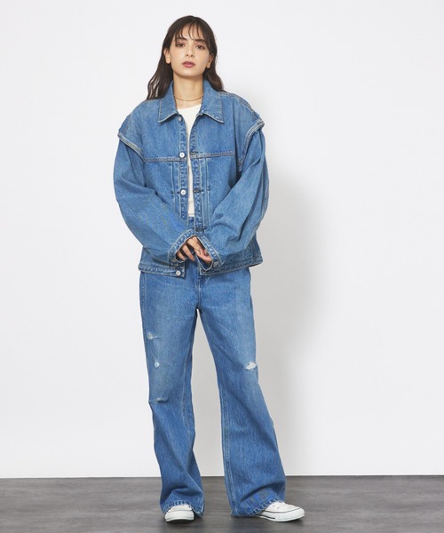 上品！大人可愛いDIESEL★デニムジャケット ブルー×ブラックレザー襟 定価5.5万美品☆本革製襟 イタリアで購入 DIESELデニム