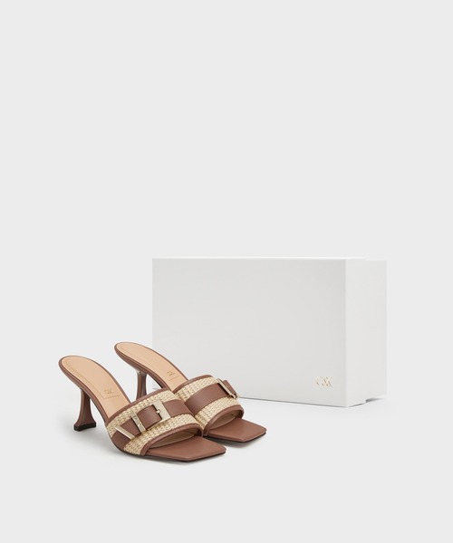 台湾 CHARLES&KEITH Whitney レザー＆ラフィアバックル ミュール CHARLES ＆ KEITH サンダル Whitney ホイットニー ラフィア