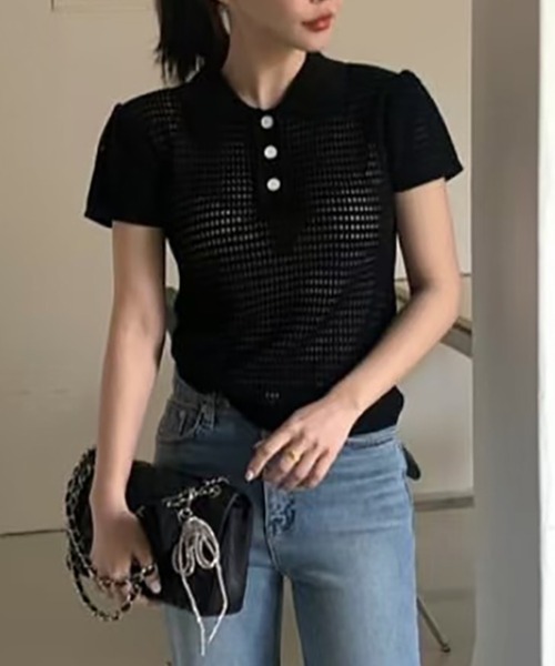 ニット セーター メッシュニットポロ レディース Spick＆Span ニット セーター メッシュポロシャツハーフスリーブ