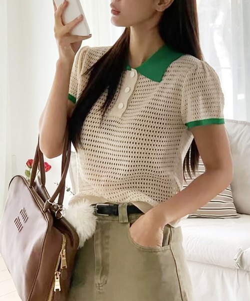 ニット セーター メッシュニットポロ レディース Spick＆Span ニット セーター メッシュポロシャツハーフスリーブ