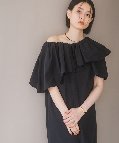 パーティドレス ワンピース オープンスリーブ フリル アシメ 2色 GIRL DRESS FOR NOW ドレス 前後2WAYレース×オーガンジーフレア