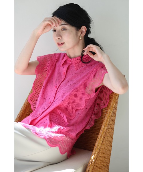 cawaii ブラウス シャツ ビビッドピンクのスカラップレースブラウス