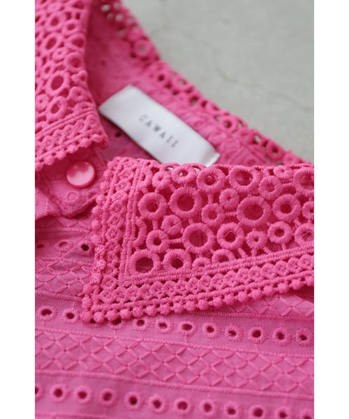 cawaii ブラウス シャツ ビビッドピンクのスカラップレースブラウス