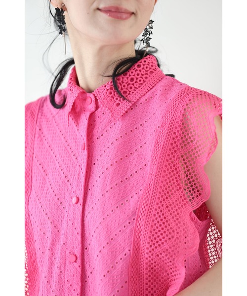 cawaii ブラウス シャツ ビビッドピンクのスカラップレースブラウス