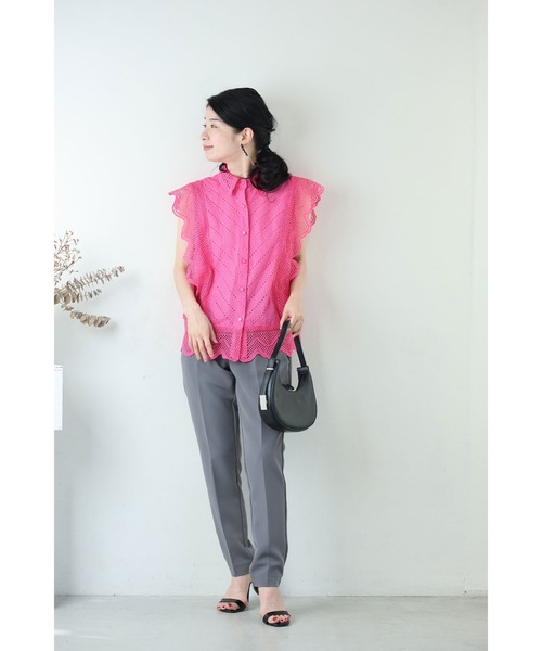 cawaii ブラウス シャツ ビビッドピンクのスカラップレースブラウス