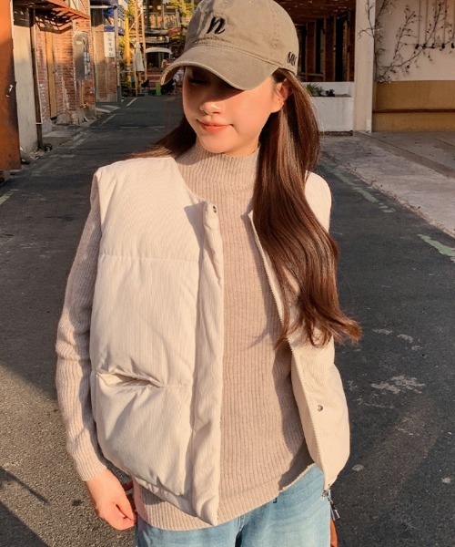 ダウンベスト ベスト コーデュロイ ノーカラー エコダウンベスト