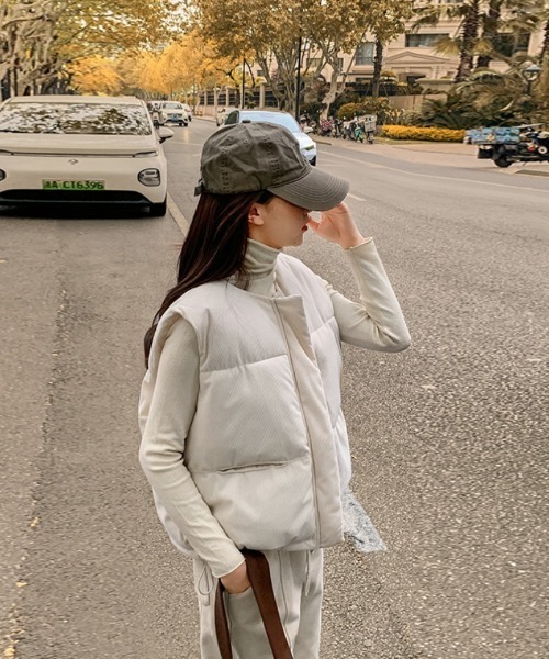 ダウンベスト ベスト コーデュロイ ノーカラー エコダウンベスト