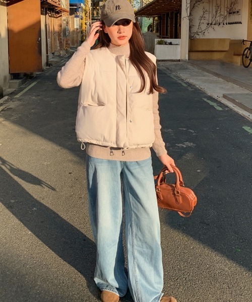 ダウンベスト ベスト コーデュロイ ノーカラー エコダウンベスト