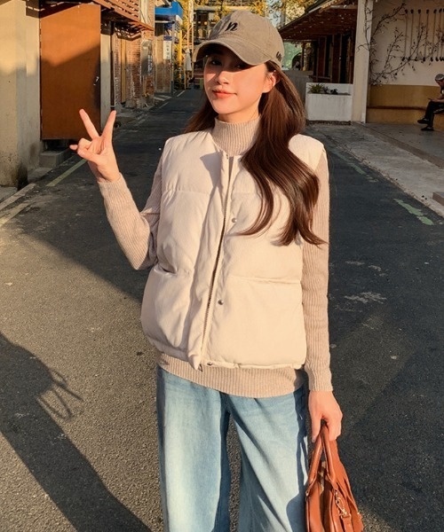 ダウンベスト ベスト コーデュロイ ノーカラー エコダウンベスト