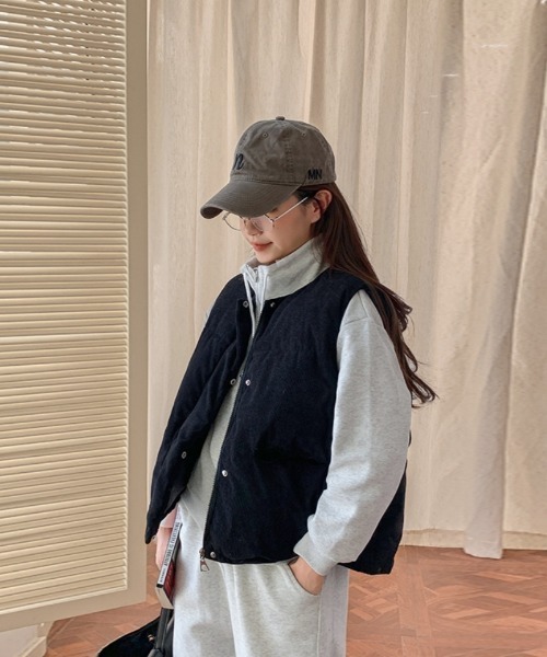 ダウンベスト ベスト コーデュロイ ノーカラー エコダウンベスト