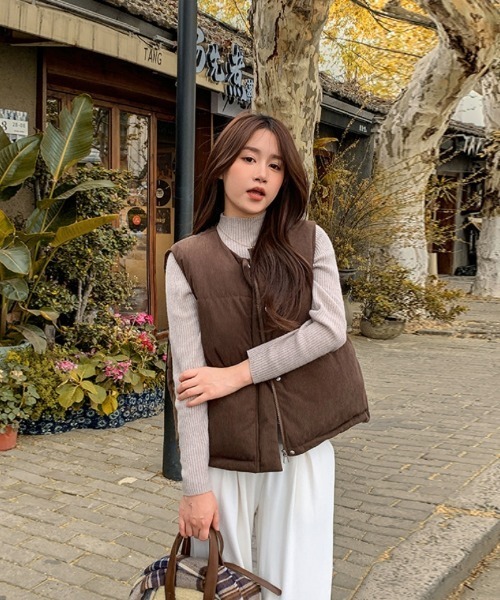 ダウンベスト ベスト コーデュロイ ノーカラー エコダウンベスト