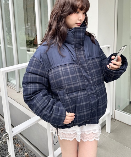 SOLLON.（ソルロン） ダウンコート ダウンジャケット チェック切り替え