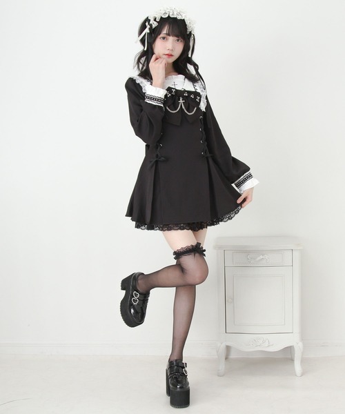 DearMyLove ワンピース 十字架クロススタッズチェーンレースアップ