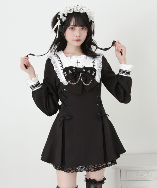 DearMyLove ワンピース 十字架クロススタッズチェーンレースアップ