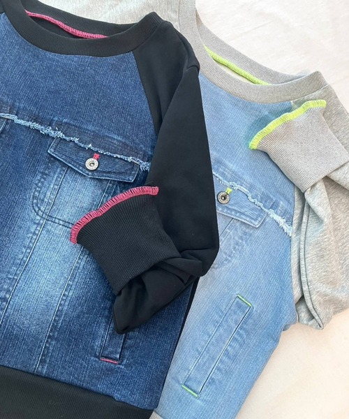 トレーナー/スウェット DENIM SWEAT DOCKING TOP 即完売のデニムスウェットドッキングトップが緊急再販売決定♡ | 黒石