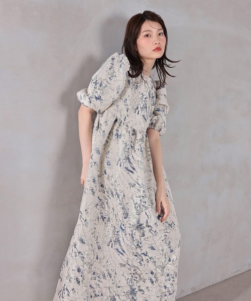 Kana マーブルジャガードパフスリーブワンピースドレス　結婚式　オケージョン Kana パーティードレス ドレス マーブルジャガードパフスリーブ