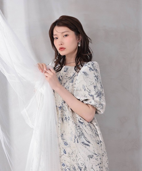 Kana ドレス マーブルジャガードパフスリーブワンピースドレス
