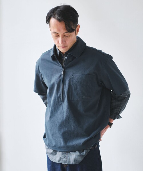 【新品】ムータマリン　ゴルフ　ハーフジップ　半袖シャツ　黒　青　メンズXLサイズ Marmot（マーモット） シャツ 「別注」「Marmot」ハーフジップ 半袖