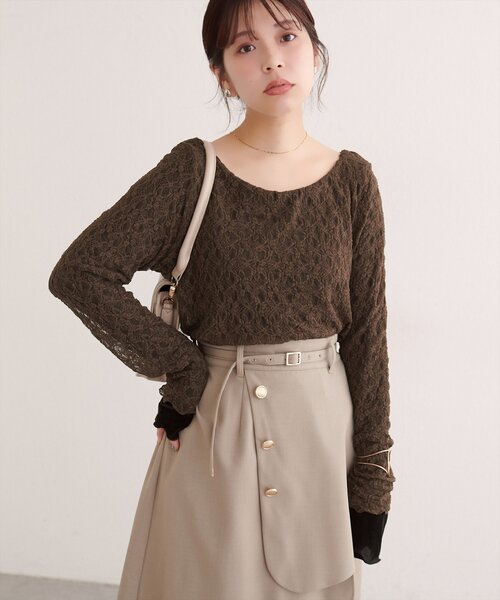 アルベロベロ　レースが素敵なトップス　【新品未使用】 natural couture tシャツ シアーベロア×レースリバーシブルTOPS