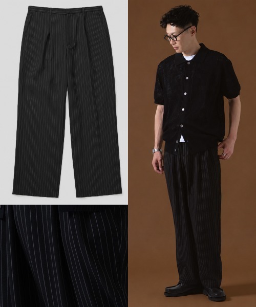 ストライプ ワイドパンツ スラックス メンズ OXA ワイドパンツ スラックス ピンストライプ ツータック スラックス